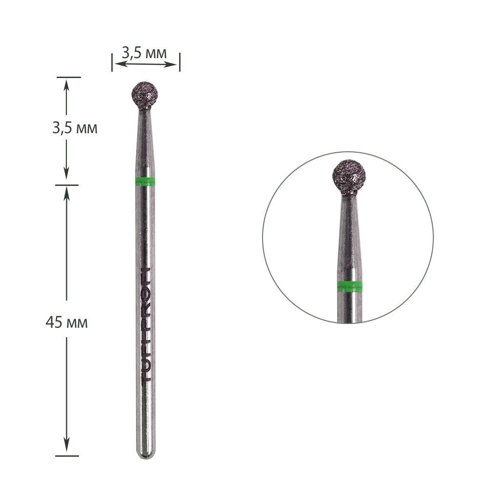 Cutter for manicure TUFI profi PREMIUM diamond ball 801 001 035G 3.5 mm green notch