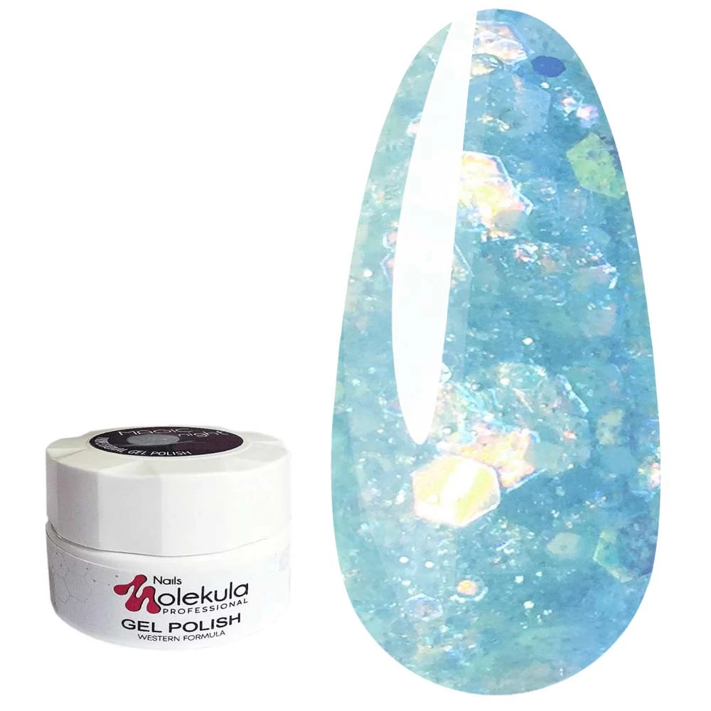 Гель-лак MOLEKULA Magic Night №MN02 полупрозрачный с голубыми хлопьями переливающимися блестками 5 мл (8479350746111) - Фото №1