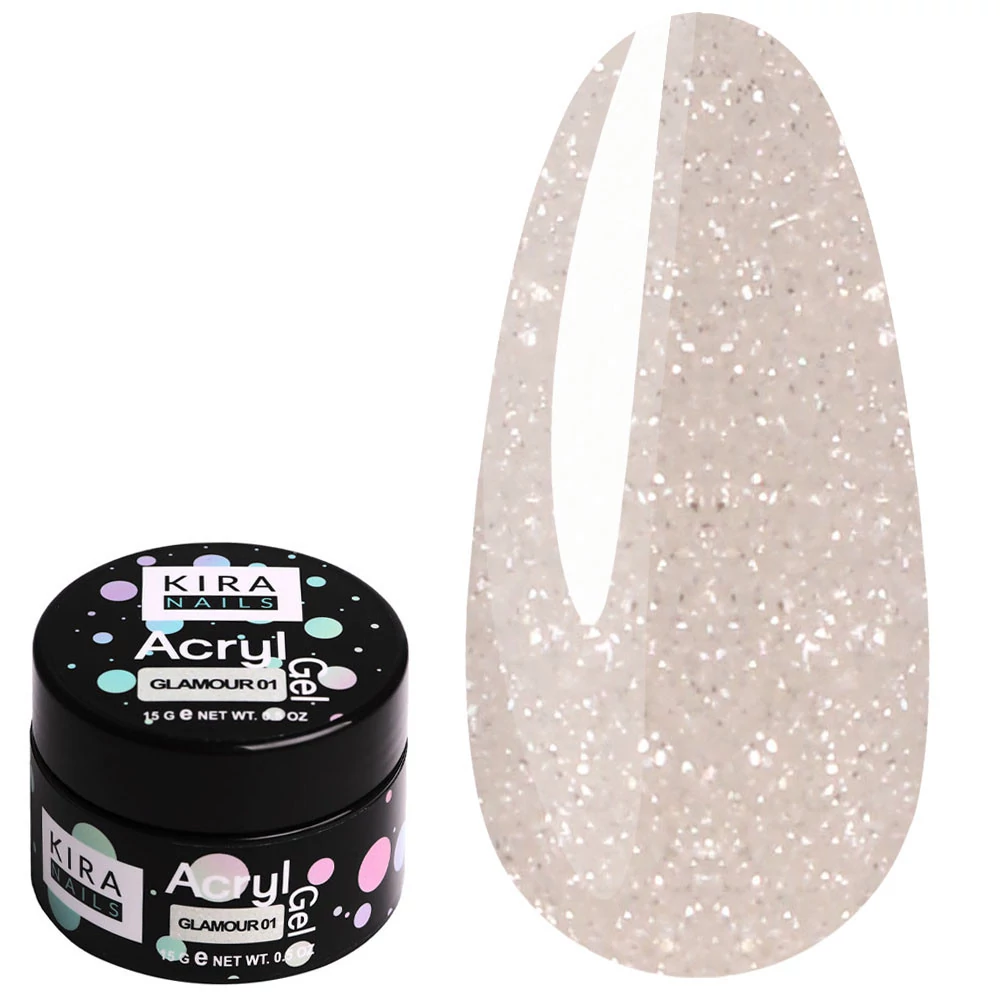 Kira Nails Acryl Gel Glamour 01 кремовый с серебряным микроблеском 15 г (678721) - Фото №1