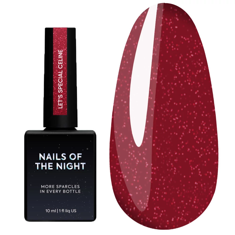 Гель-лак NAILS OF THE NIGHT Let's special Céline темно–червоний з червоними блискітками 10 мл (НФ-00019018) - Фото №1