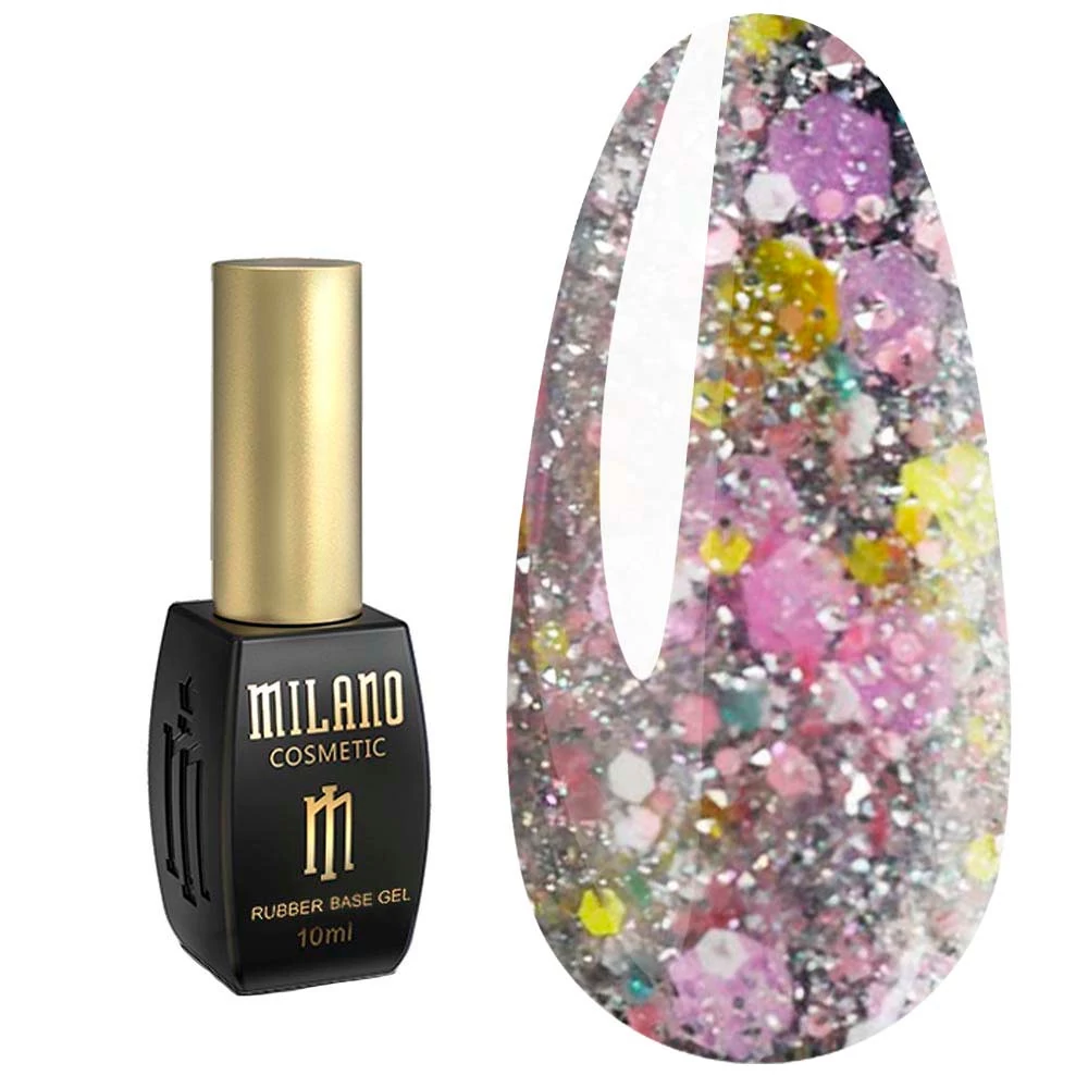 База для ногтей MILANO Cristal №06 прозрачная с фиолетово-желтыми фигурками (2712000104647) - Фото №1