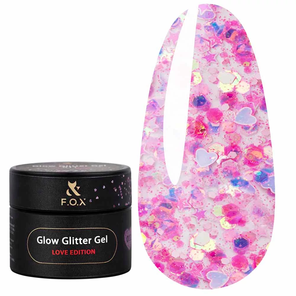 Глиттер F.O.X Glow Glitter Gel Love Edition 012 микс голографических сердец, звездочек и шестиугольников розовый 5 мл (GG-012) - Фото №1