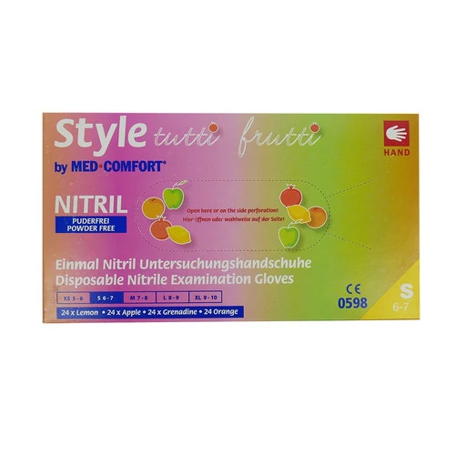 Перчатки Style tutti frutt  нитриловые без талька 4 цвета желтый, розовый, салатовый, оранжевый размер S 96 шт - Фото №2