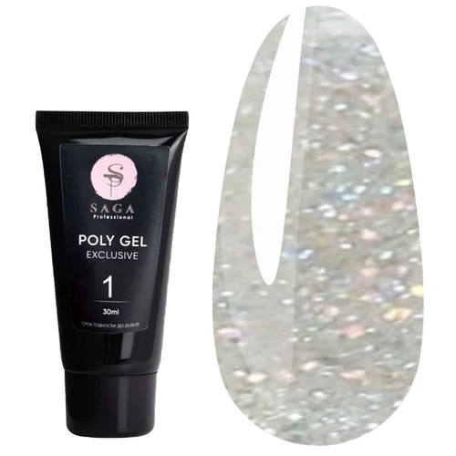Полигель SAGA Professional EXCLUSIVE Poly Gel №01 прозрачный с шиммером 30 мл - Фото №1