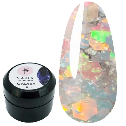 Гель Saga professional GALAXY glitter №13 прозрачный с голографическими коралловыми и салатовыми блестками 8 мл (2000994729480)