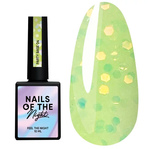База NAILS OF THE NIGHT Base Party №004 неоновая лимонно-зеленая база с голографическими шестигранниками 10 мл (u0000017101) - Фото №1