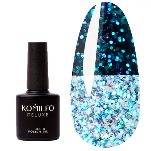 Топ KOMILFO Galaxy Top 004  без липкого слоя, с УФ фильтрами голографический, светоотражающий прозрачный бирюзовый 8 мл (518004) - Фото №1