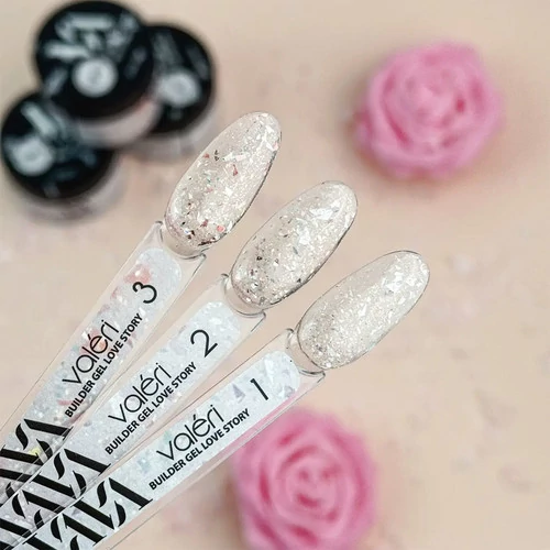 Гель для наращивания VALERI Builder Gel Love Story №02 прозрачный с серебристой поталью 15 мл (VBGLS15-02) - Фото №2