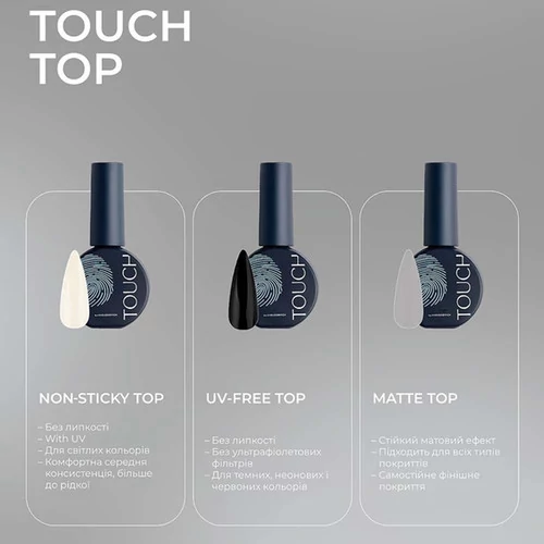 Топ для ногтей Touch Non Sticky Top без липкого слоя, с УФ-фильтрами 30 мл (2230000031539) - Фото №2