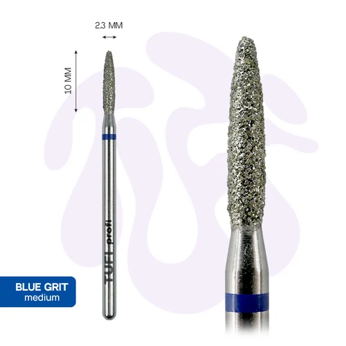 Фреза для маникюра TUFI profi Алмазная Пламя заокругленное тупое 10 mm × 2.3 mm Синяя Насечка (0328410) - Фото №2