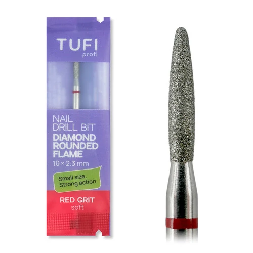 Фреза для маникюра TUFI profi Алмазная Пламя заокругленное тупое 10 mm × 2.3 mm Красная Насечка (0328409) - Фото №1