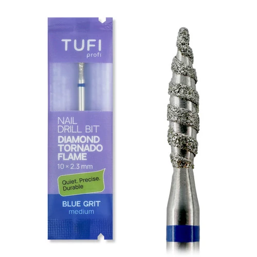 Фреза для маникюра TUFI profi Алмазная Пламя Торнадо 10 mm × 2.3 mm Синяя Насечка (0328408) - Фото №1