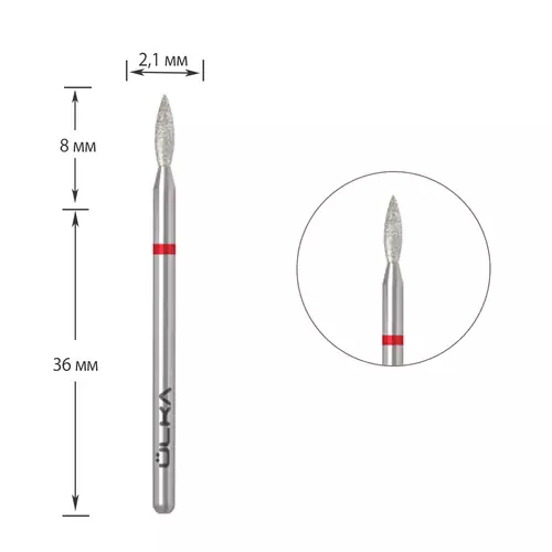 Фреза ÜLKA алмазна полумʼя  2,1 х 8 мм червона  (F218-F)