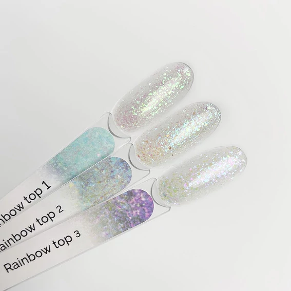 Топ для ногтей Touch Rainbow №02 без липкого слоя прозрачный с синими хлопьями 13 мл (2930000045504) - Фото №3